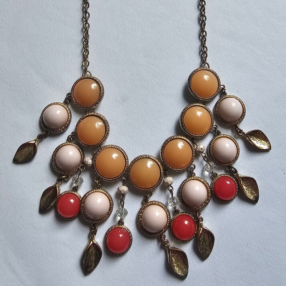 Vintage Gold Tone Multi Tier Cabochon Bib Statement Necklace Leaf Charms